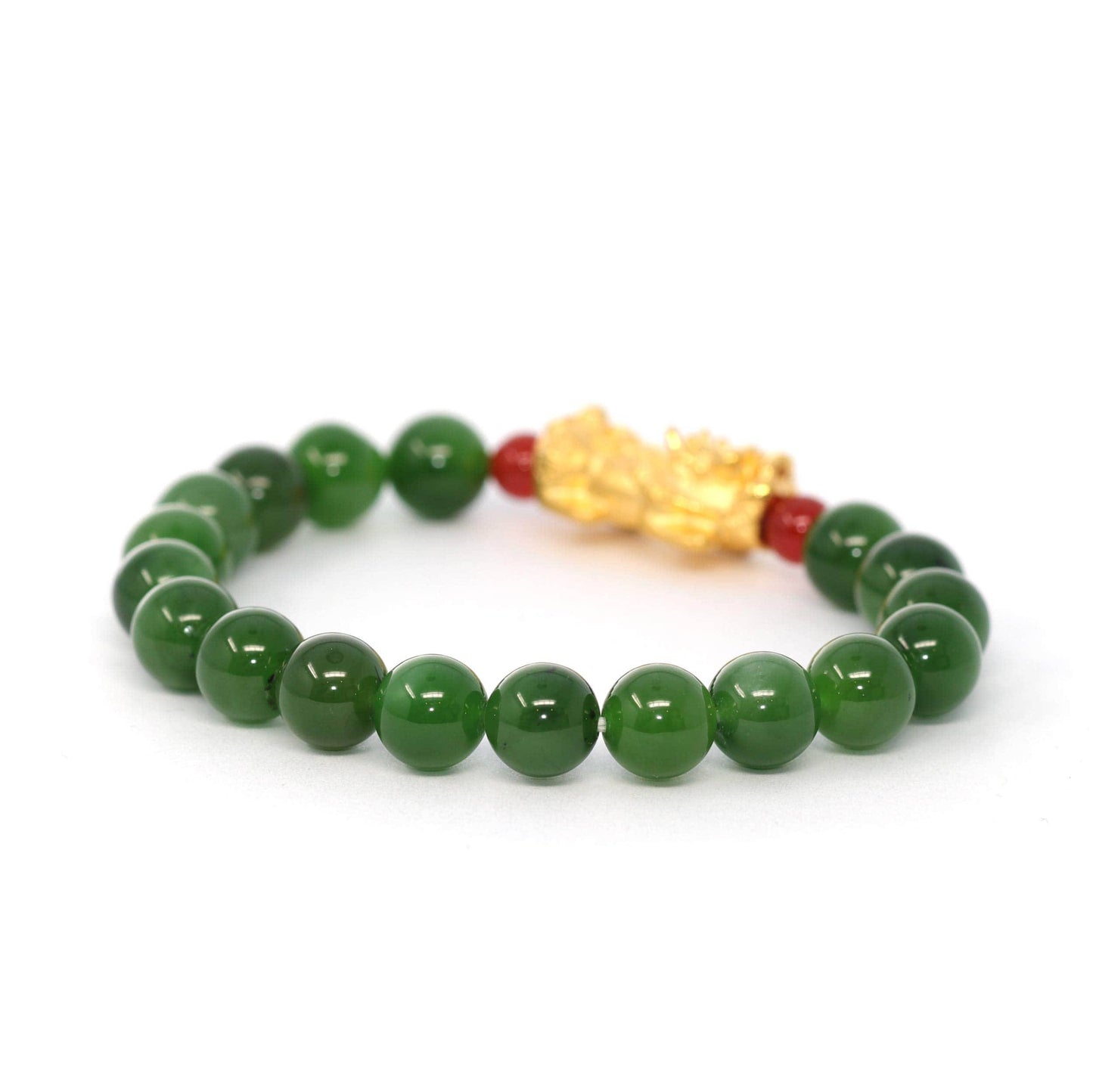 24K Pure Yellow Gold "Pixiu" With Genuine Green Jade Round Beads Bracelet Bangle ( 9.5 mm )