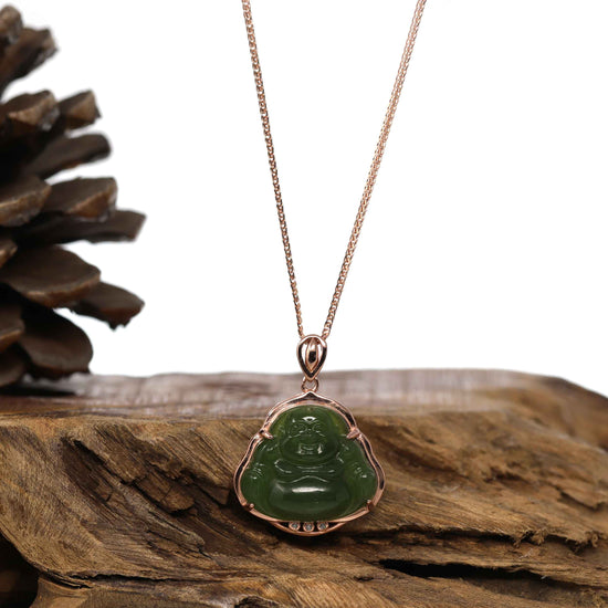 Load image into Gallery viewer, RealJade¨™ &amp;quot;Laughing Buddha&amp;quot; Genuine Nephrite Green Jade Buddha Pendant Necklace

