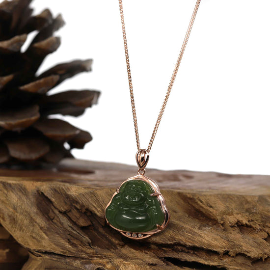 Load image into Gallery viewer, RealJade¨™ &amp;quot;Laughing Buddha&amp;quot; Genuine Nephrite Green Jade Buddha Pendant Necklace
