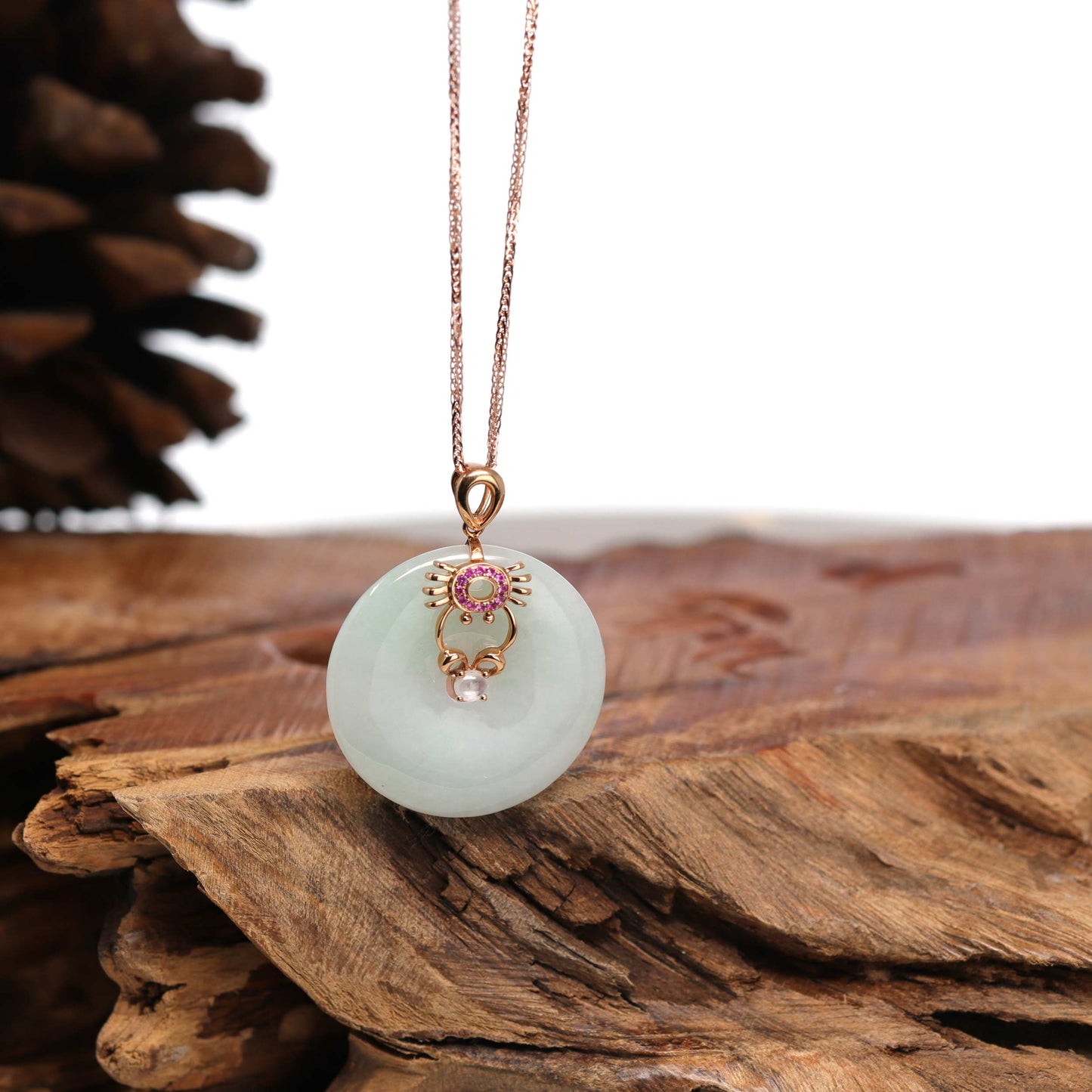 Load image into Gallery viewer, 18k Rose Gold Genuine Jade Jadeite Constellation Horoscope (Cancer) Necklace Pendant with Ruby
