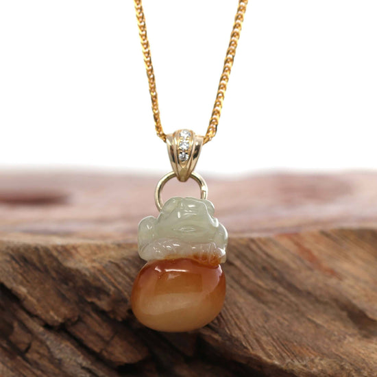 14k Yellow Natural Jadeite Jin Chan "Money Toad" Necklace With 14k Yellow Gold Diamond Bail