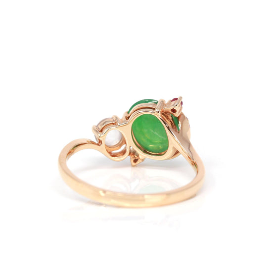 RealJade® "Karla" 18k Rose Gold Natural Imperial Jadeite Engagement Ring With Rubies & Diamonds