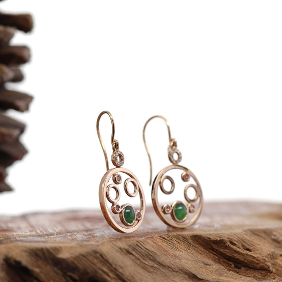 18k Rose Gold "Bubble Collection" Multi-color genuine Jadeite Jade Earrings & Diamond