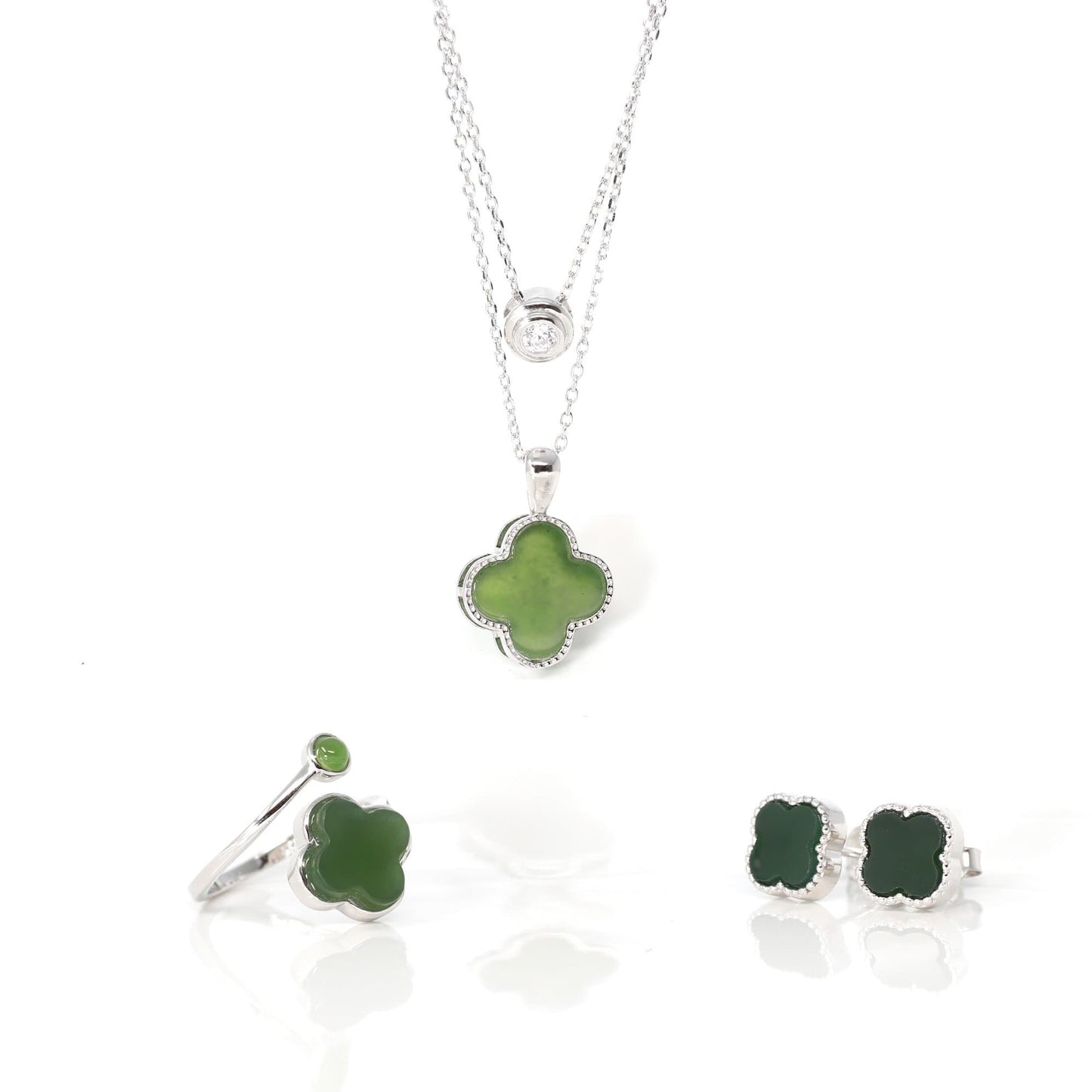 Load image into Gallery viewer, RealJade® &amp;quot;Lucky Clover&amp;quot; Sterling Silver Real Green Nephrite Jade Set
