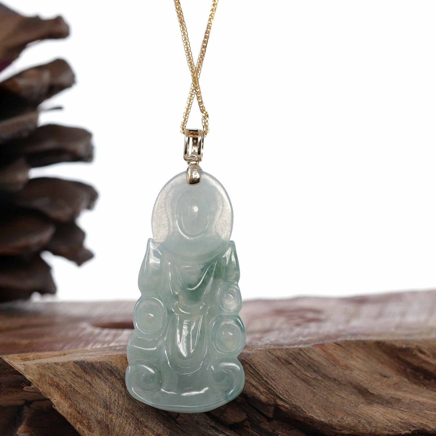 RealJade® Co. 14k Yellow Gold "Goddess of Compassion" Genuine Ice Burmese Jadeite Jade Guanyin Necklace With Gold Bail