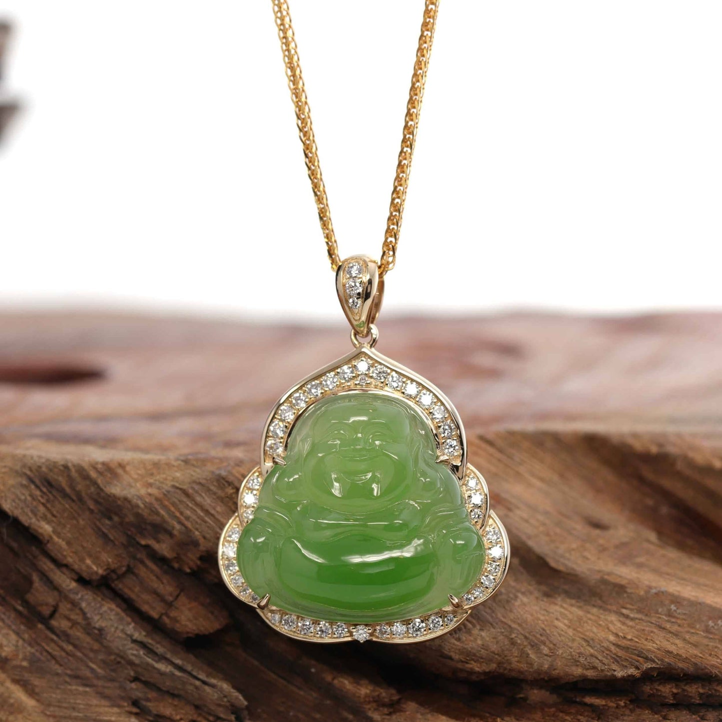 RealJade® "Laughing Buddha" 14k Gold Genuine Nephrite Apple Green Jade with VS1 Diamonds