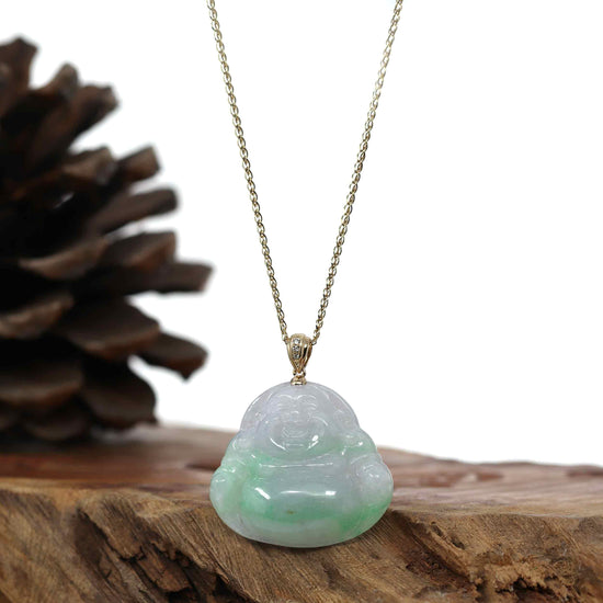 Load image into Gallery viewer, RealJade Co.¨ Gold Jade Buddha Pendant Only &amp;quot;Laughing Buddha&amp;quot; Genuine Green &amp;amp; Lavender Jadeite Jade With 14k Yellow Gold VS1 Diamonds
