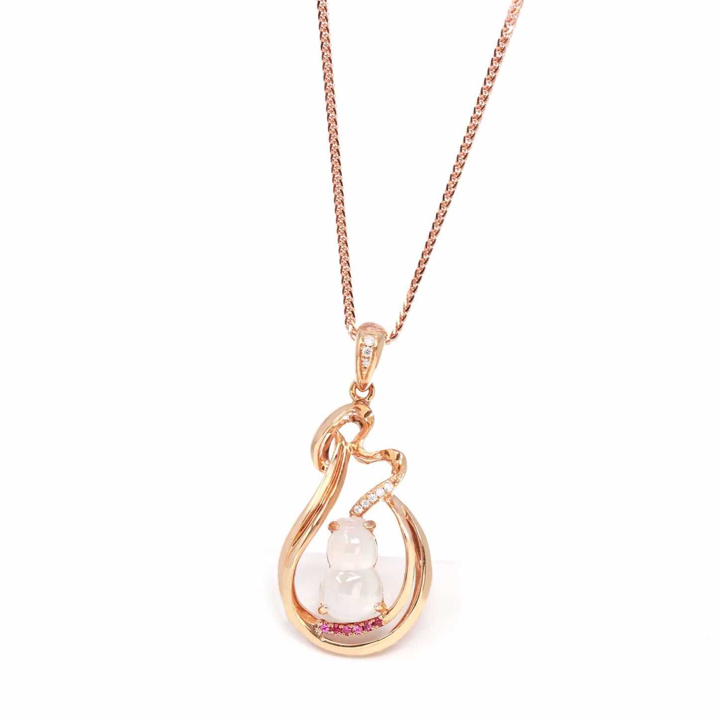 RealJade™ "Love Swan" 18k Rose Gold Ice Jadeite Jade Diamond Pendant Necklace