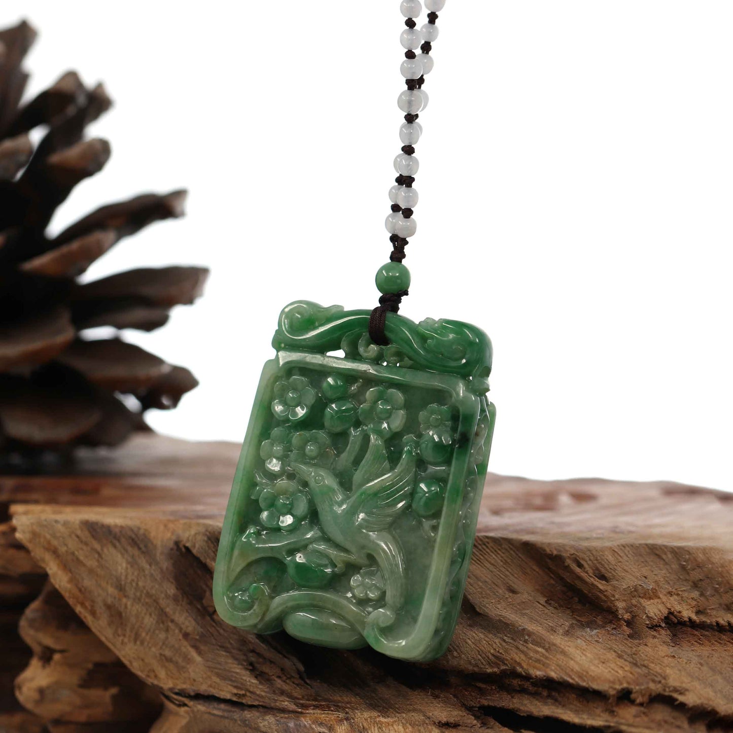 Genuine Green Jadeite Jade "Lucky Bird on Branch" Pendant Necklace With Real Jadeite jade Beads Necklace