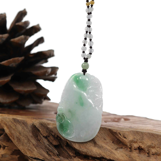 Genuine Green Jadeite Jade "Longevity peach with lucky Pixiu Accent" Pendant Necklace With Real Jadeite Bead Necklace