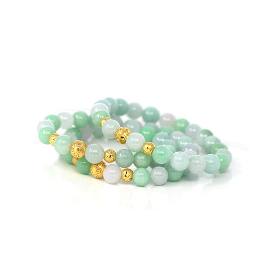24K Pure Yellow Gold Money Beads With Genuine Green Jade Round Beads Bracelet ( 9 mm )
