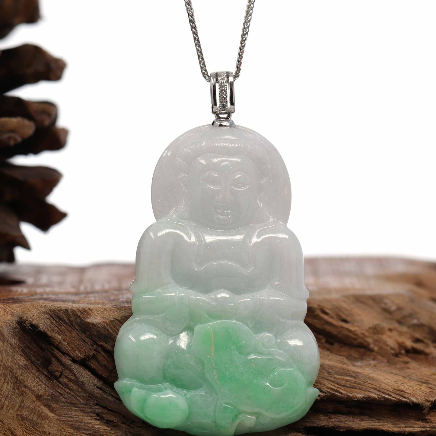 14k White Gold "Goddess of Compassion" Genuine Green Jadeite Jade Guanyin Necklace With Gold Diamond Bail