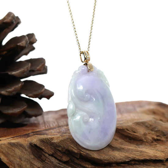 Load image into Gallery viewer, RealJade Co. Jade Guanyin Pendant Necklace &amp;quot;Wang Shi Ru Yi&amp;quot; Genuine Lavender Green Jadeite Jade Pendant Necklace With 14K Yellow Gold Diamond Bail
