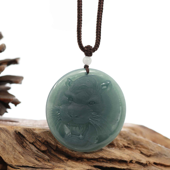 Natural Deep Blue Green Jadeite Jade "Roaring Tiger" Pendant Necklace For Men, Collectibles.