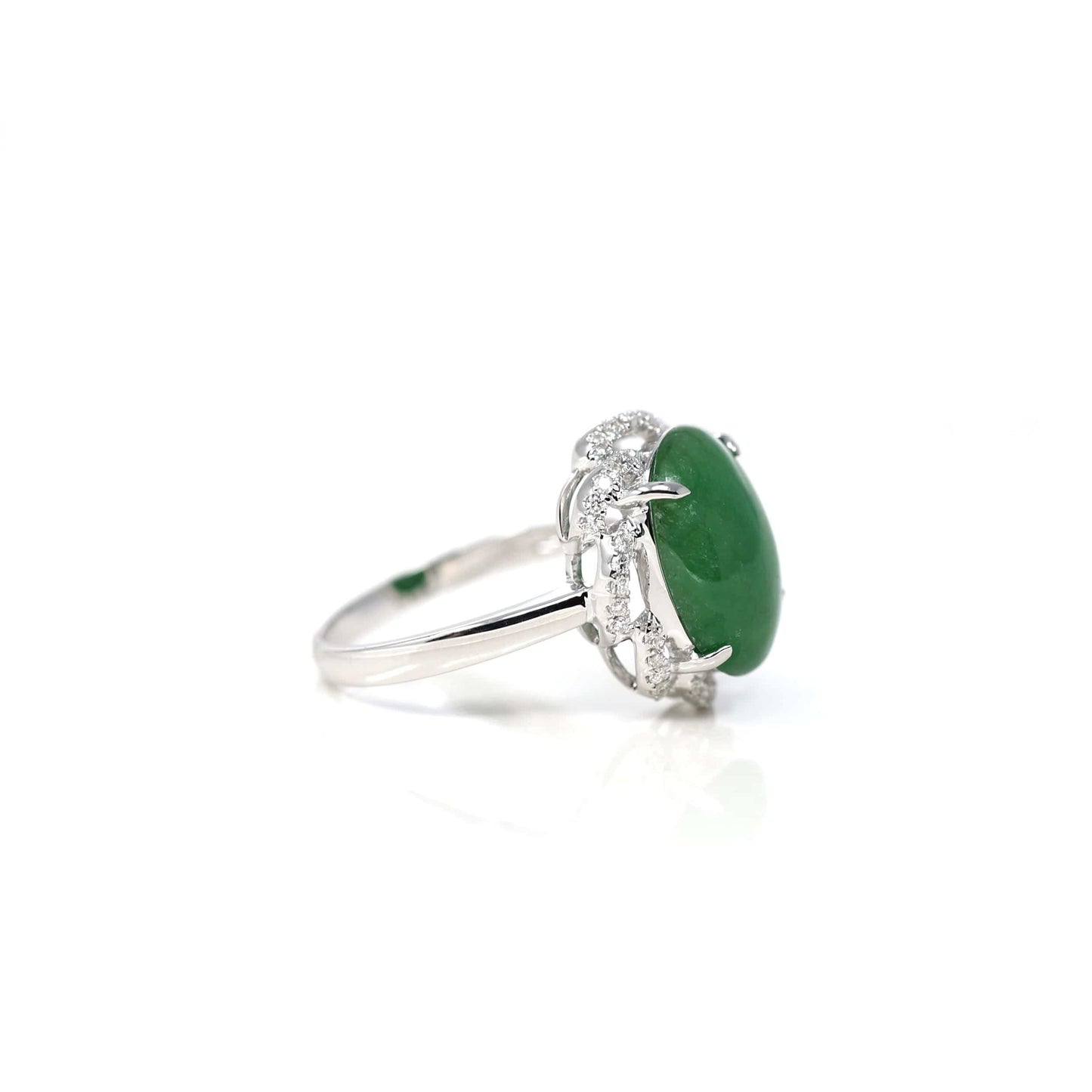 RealJade¨ Co. Jadeite Engagement Ring 18k White Gold Natural Imperial Green Oval Jadeite Jade Engagement Ring With Diamonds
