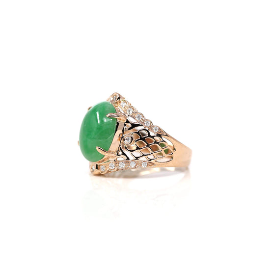 RealJade Co. Jadeite Engagement Ring 18k Rose Gold Natural Imperial Green Oval Jadeite Jade Engagement Ring With Diamonds