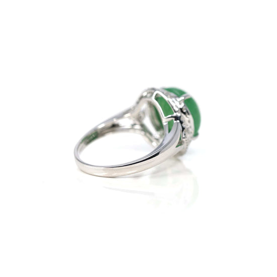 Load image into Gallery viewer, RealJade Co. Jadeite Engagement Ring 18k White Gold Natural Imperial Green Oval Jadeite Jade Engagement Ring With Diamonds
