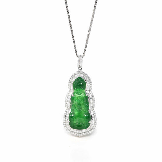 Load image into Gallery viewer, RealJade Co. 18k Gold Jadeite Necklace 18K White Gold High-End Imperial Jadeite Jade &amp;quot;Goddess of Compassion&amp;quot; Guan Yin Necklace with Diamonds

