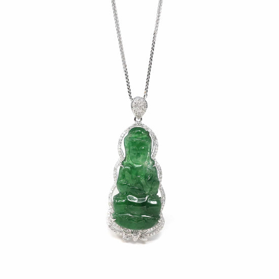 RealJade¨ Co. 18k Gold Jadeite Necklace 18K White Gold High-End Imperial Jadeite Jade "Goddess of Compassion" Guan Yin Necklace with Diamonds