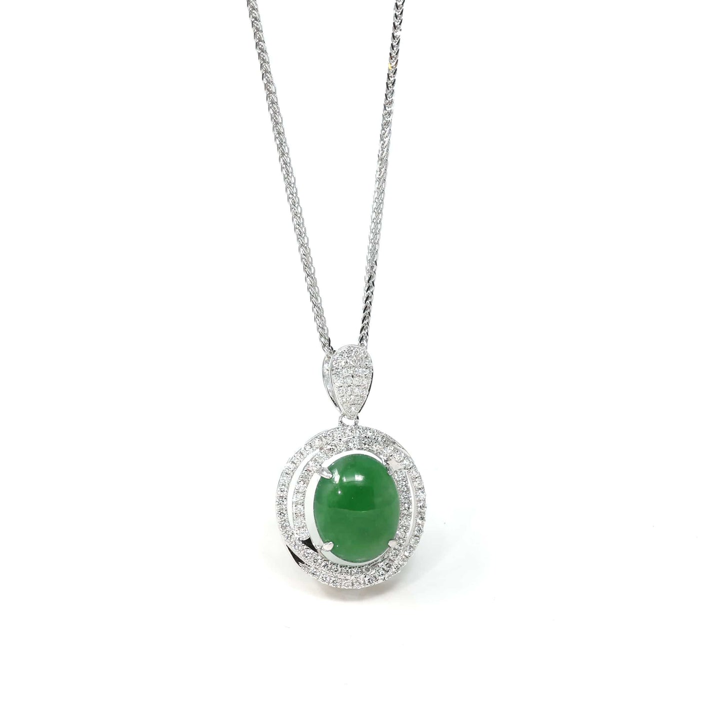 RealJade Co. 18k Gold Jadeite Necklace 18K White Gold Oval Imperial Jadeite Jade Cabochon Necklace with Diamonds