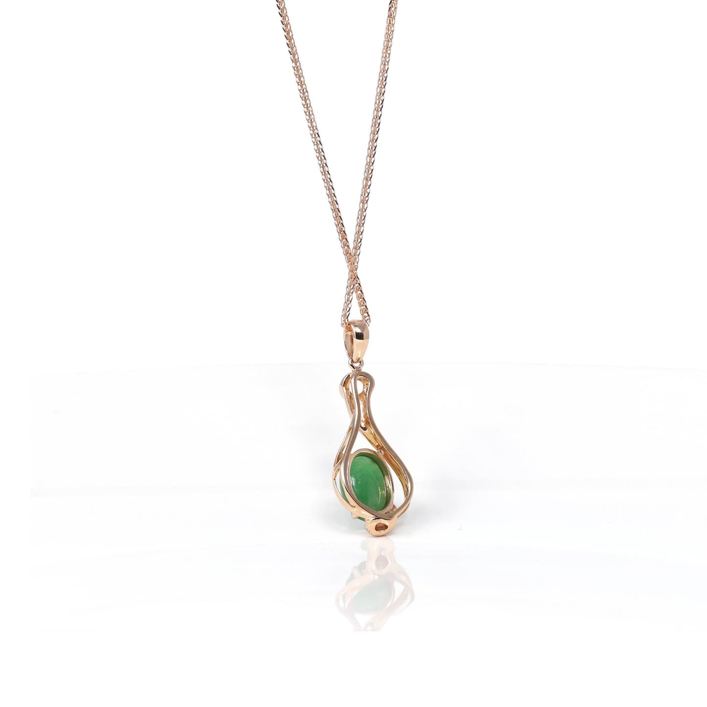 RealJade Co. 18k Gold Jadeite Necklace 18K Rose Gold Oval Imperial Jadeite Jade Cabochon Necklace with Diamonds