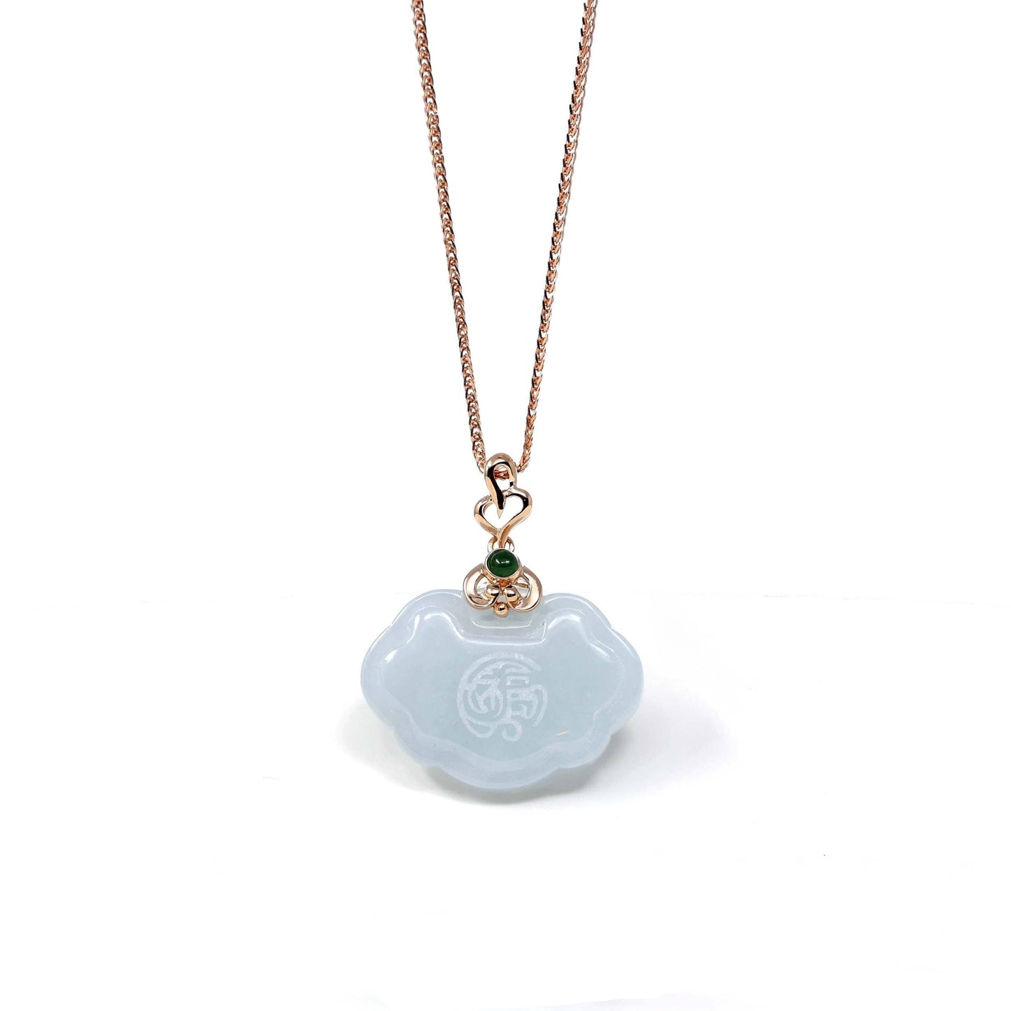 RealJade Co. Jade Pendant 18k Rose Gold Genuine Burmese Light Lavender Jadeite Happiness and Safety  (Fu & Pingan) Pendant Necklace