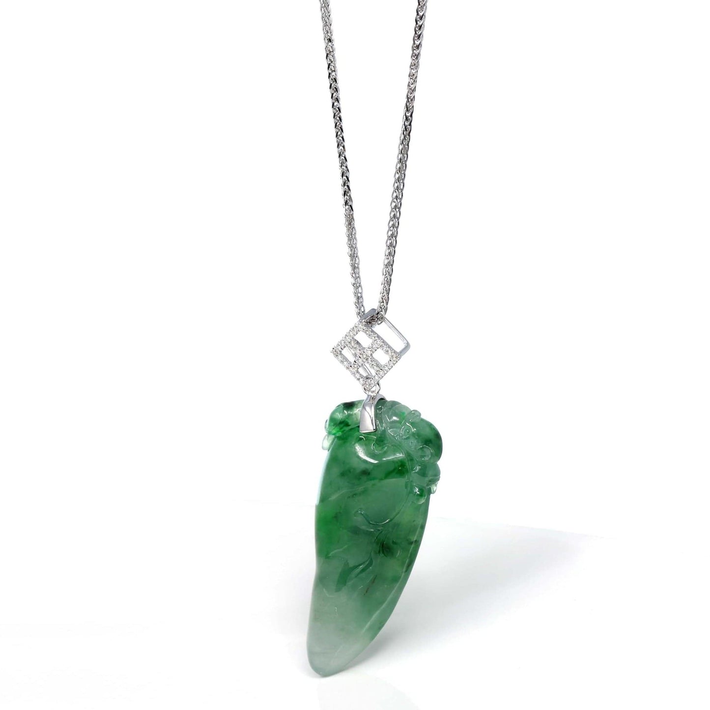 Load image into Gallery viewer, RealJade Co.¨ Jadeite Jade Buddha &amp;amp; Guanyin Copy of Natural Jadeite &amp;quot;Longevity Peach&amp;quot; ShouTao Necklace With 18k White Gold Diamond Bail
