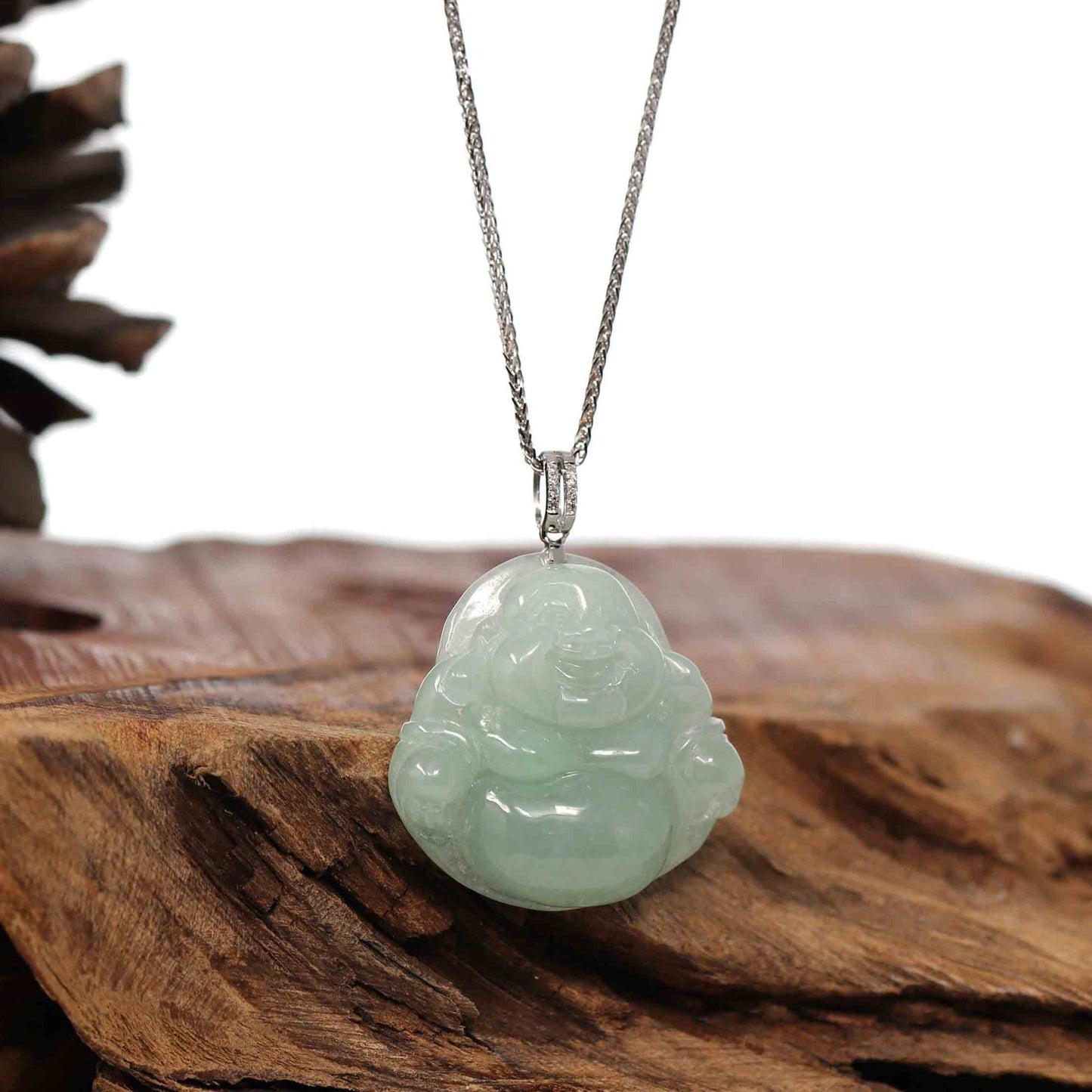 Load image into Gallery viewer, RealJade Co.¨ Jade Buddha Pendant Copy of Copy of RealJade Co.¨™ &amp;quot;Laughing Buddha&amp;quot; Genuine Vibrant Green Jadeite Buddha Pendant Necklace With 14k White Gold Diamond  Bail
