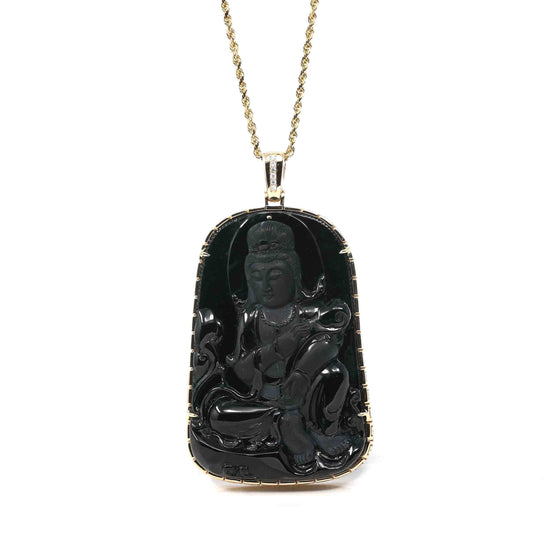 RealJade Co.¨ 14k Yellow Gold "Goddess of Compassion" Genuine Black Burmese Jadeite Jade Guanyin Necklace With Gold Bail