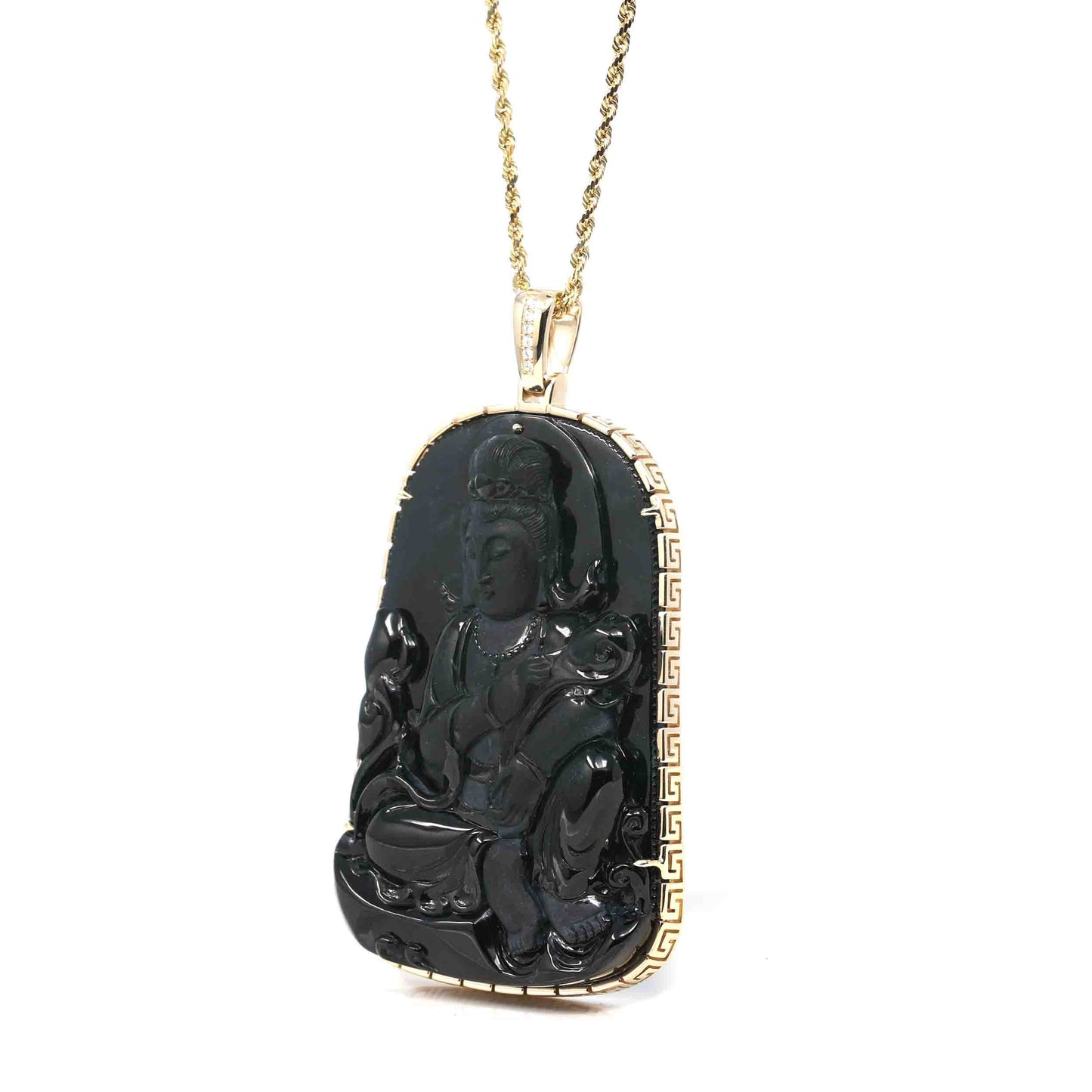 RealJade® Co. 14k Yellow Gold "Goddess of Compassion" Genuine Black Burmese Jadeite Jade Guanyin Necklace With Gold Bail