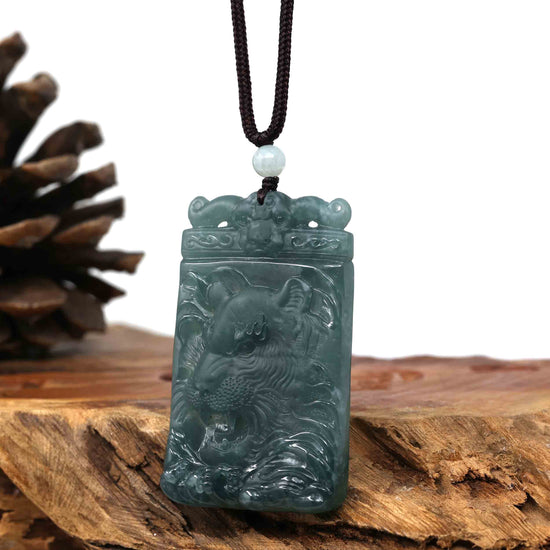 RealJade Co.¨ Jade Carving Necklace Copy of Natural Deep Blue Green Jadeite Jade "Roaring Tiger" Pendant Necklace For Men, Collectibles.