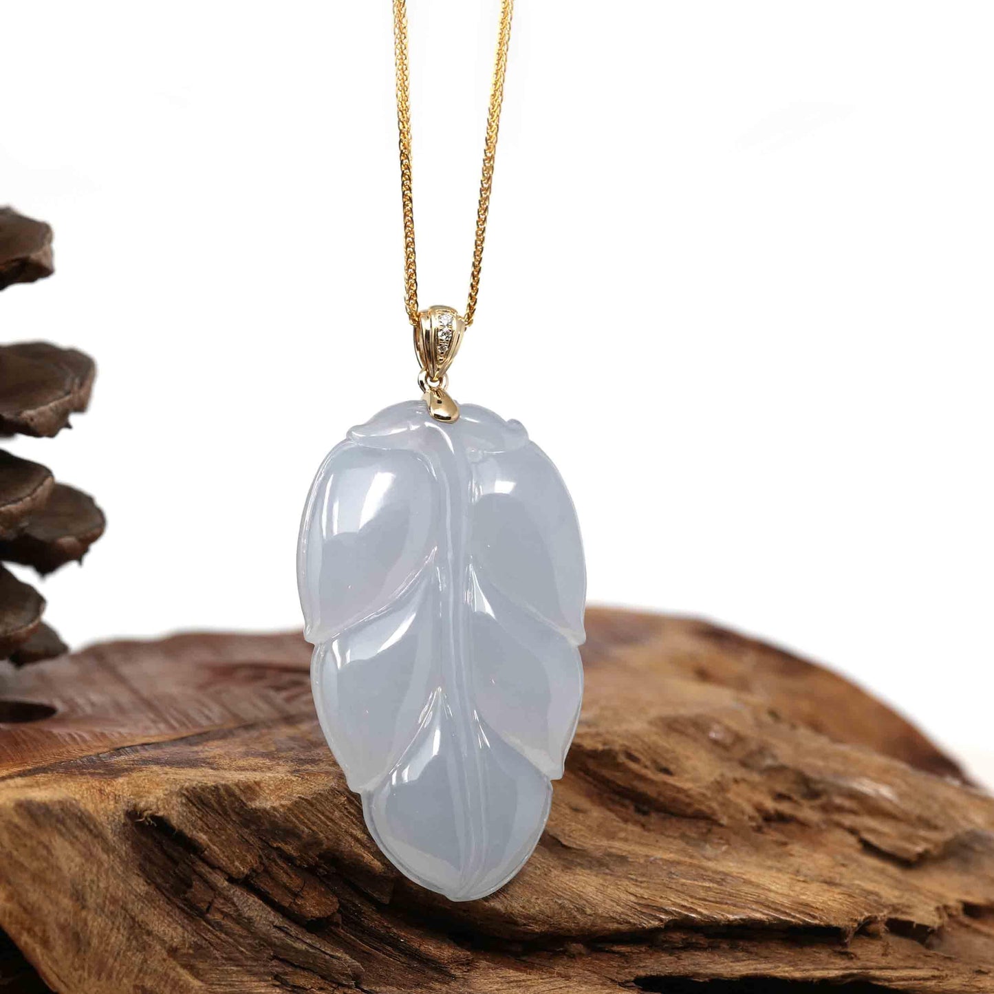 RealJade Co.¨ Jade Guanyin Pendant Necklace  Genuine Ice Jadeite Jade Jin Zhi Yu Ye (Leaf) Necklace With White Gold VSI Diamond Bail