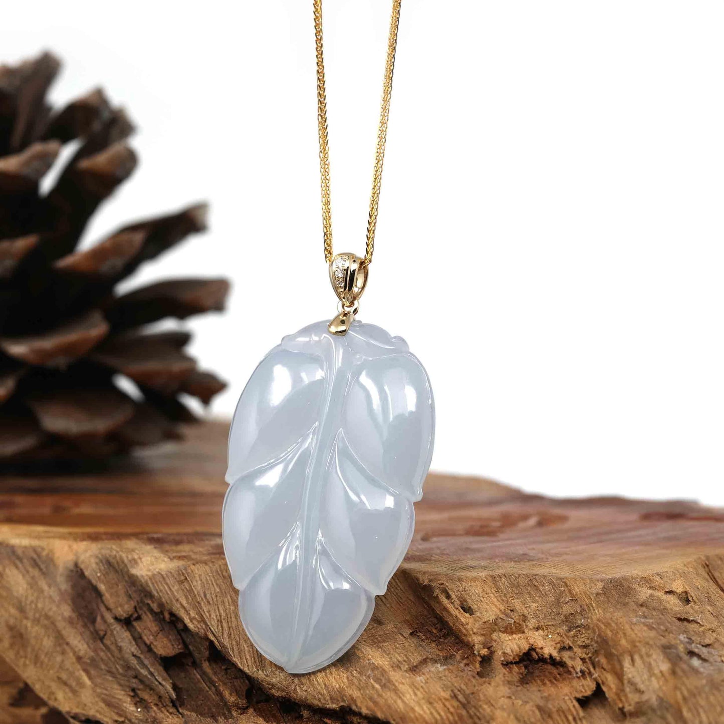 Load image into Gallery viewer, RealJade Co. Jade Guanyin Pendant Necklace  Genuine Ice Jadeite Jade Jin Zhi Yu Ye (Leaf) Necklace With White Gold VSI Diamond Bail
