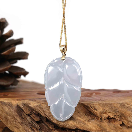 Load image into Gallery viewer, RealJade Co. Jade Guanyin Pendant Necklace  Genuine Ice Jadeite Jade Jin Zhi Yu Ye (Leaf) Necklace With White Gold VSI Diamond Bail
