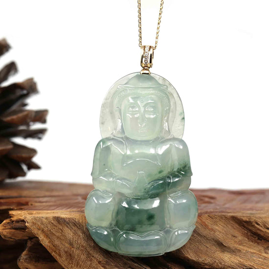 RealJade Co. Jade Guanyin Pendant Necklace Copy of RealJade Co. 14k Yellow Gold "Goddess of Compassion" Genuine Ice Burmese Jadeite Jade Guanyin Necklace With Gold Bail