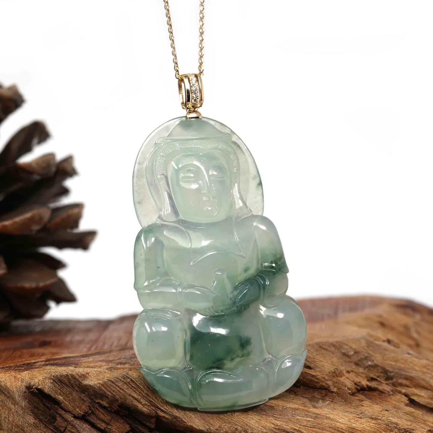 RealJade Co. Jade Guanyin Pendant Necklace Copy of RealJade Co. 14k Yellow Gold "Goddess of Compassion" Genuine Ice Burmese Jadeite Jade Guanyin Necklace With Gold Bail