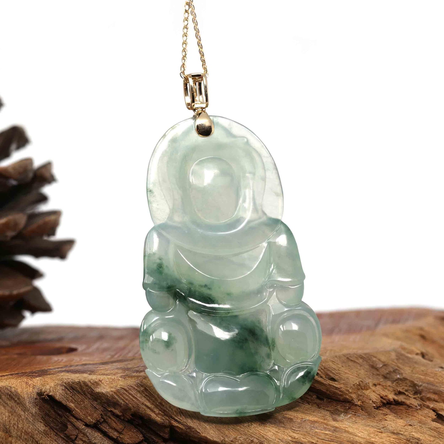 Load image into Gallery viewer, RealJade Co. Jade Guanyin Pendant Necklace Copy of RealJade Co. 14k Yellow Gold &amp;quot;Goddess of Compassion&amp;quot; Genuine Ice Burmese Jadeite Jade Guanyin Necklace With Gold Bail
