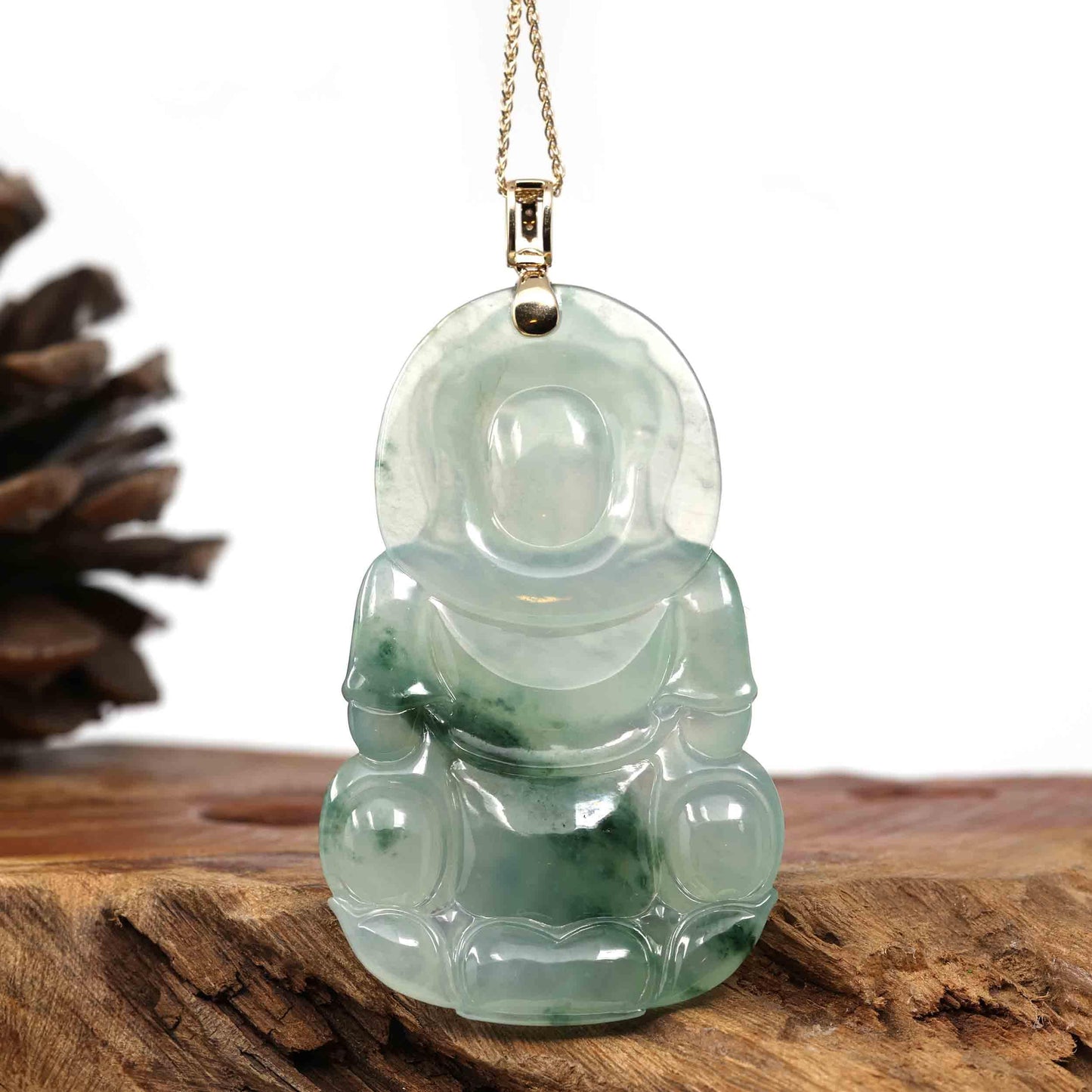 Load image into Gallery viewer, RealJade Co. Jade Guanyin Pendant Necklace Copy of RealJade Co. 14k Yellow Gold &amp;quot;Goddess of Compassion&amp;quot; Genuine Ice Burmese Jadeite Jade Guanyin Necklace With Gold Bail
