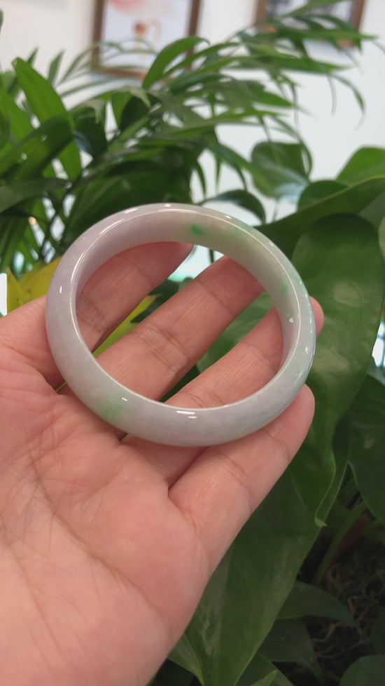 Load and play video in Gallery viewer, RealJade® Co. &amp;quot;Classic Bangle&amp;quot; Genuine Jadeite Jade Lavender &amp;amp; Green Bangle Bracelet (56.83mm)#371
