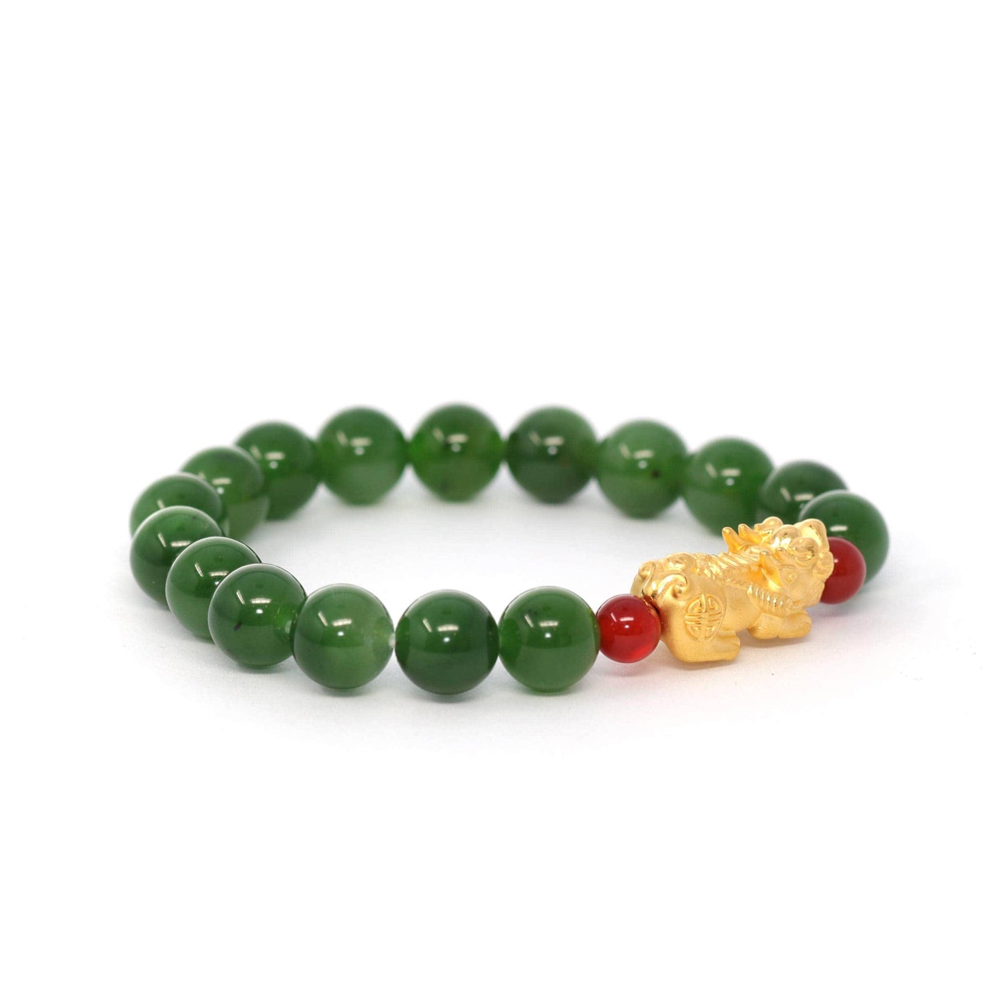 24K Pure Yellow Gold "Pixiu" With Genuine Green Jade Round Beads Bracelet Bangle ( 9.5 mm )
