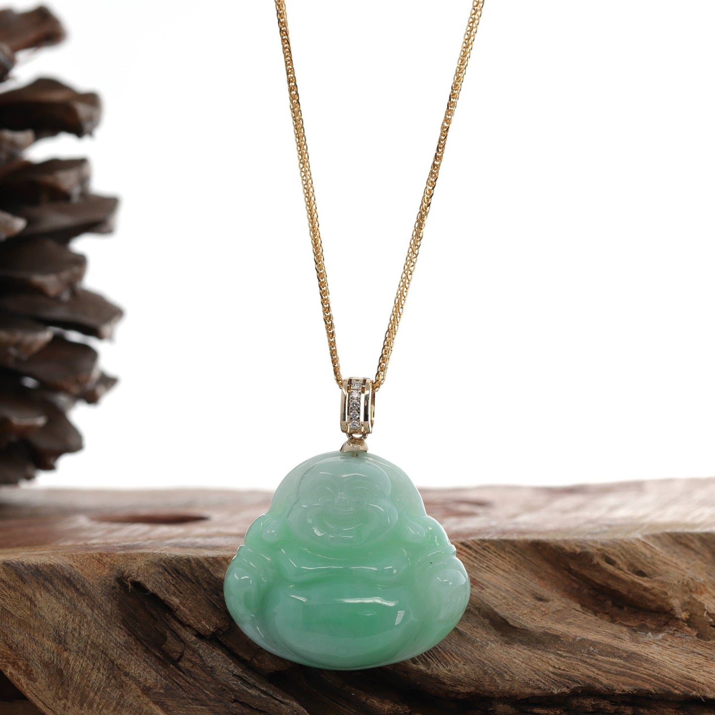 Load image into Gallery viewer, Natural Burmese Jadeite Jade &amp;quot;Laughing Buddha&amp;quot; With 14k Yellow VS1 Diamond Bail
