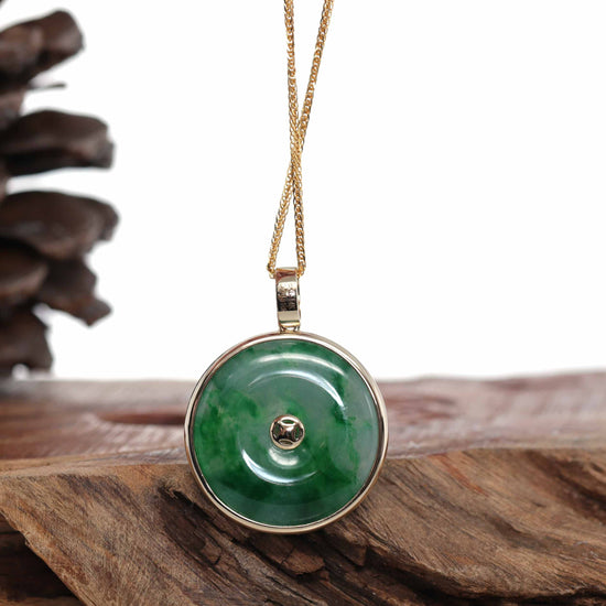 Load image into Gallery viewer, RealJade® Co. 14K Gold &amp;quot;Good Luck Button&amp;quot; Necklace White Jadeite Jade Lucky KouKou Pendant Necklace
