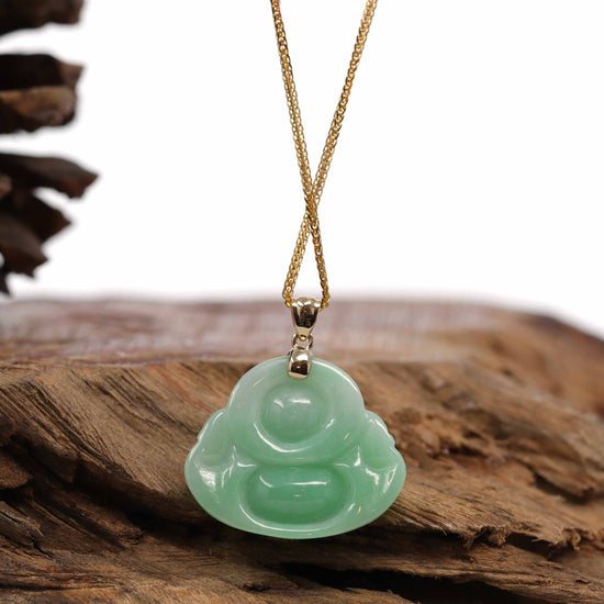 Load image into Gallery viewer, RealJade Co. &amp;quot;Laughing Buddha&amp;quot; Genuine Vibrant Green Jadeite Buddha Pendant Necklace With 14k Yellow Gold Diamond  Bail
