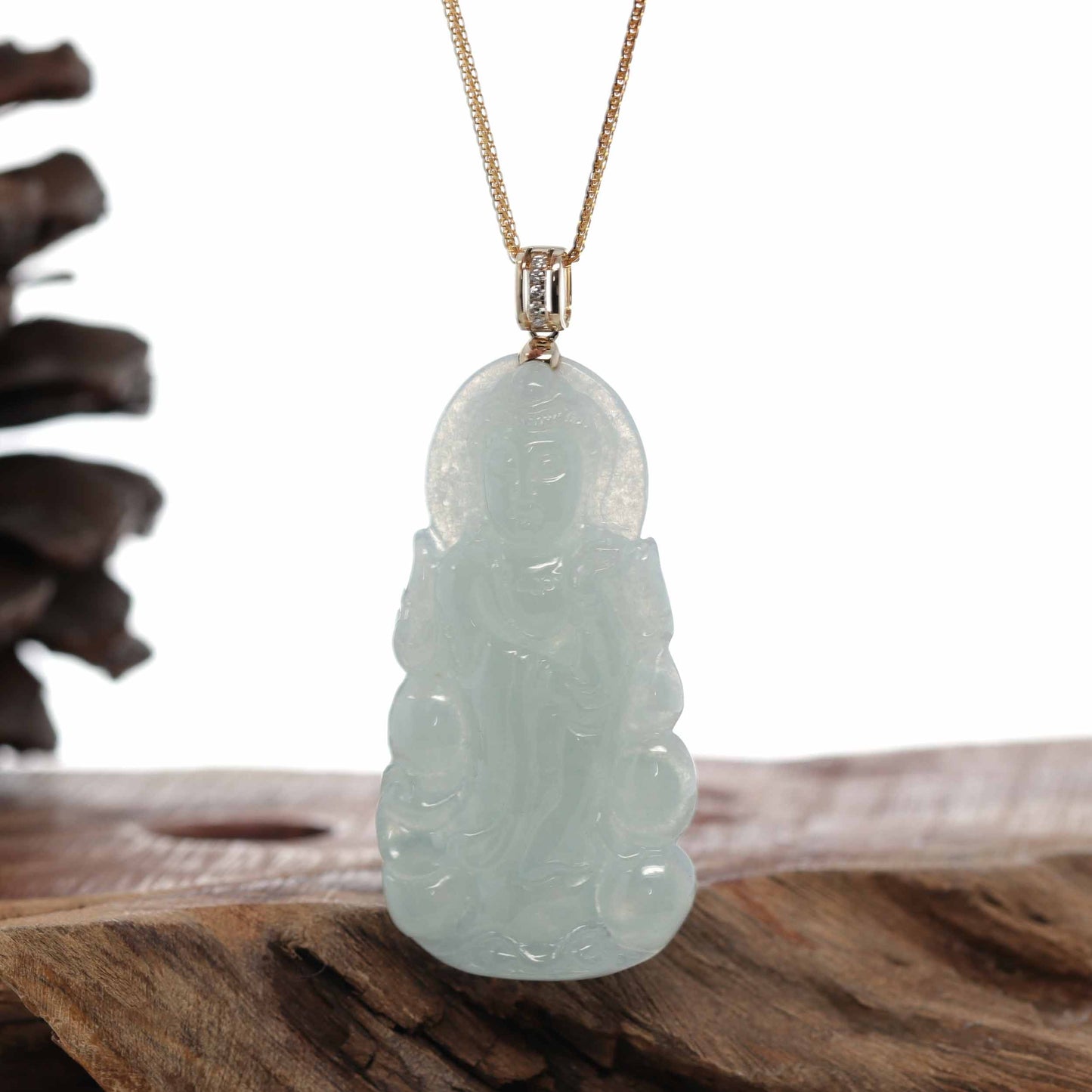 RealJade® 14k Yellow Gold "Goddess of Compassion" Genuine Ice Burmese Jadeite Jade Guanyin Necklace With Gold Bail