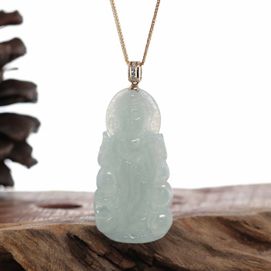 Load image into Gallery viewer, RealJade® 14k Yellow Gold &amp;quot;Goddess of Compassion&amp;quot; Genuine Ice Burmese Jadeite Jade Guanyin Necklace With Gold Bail
