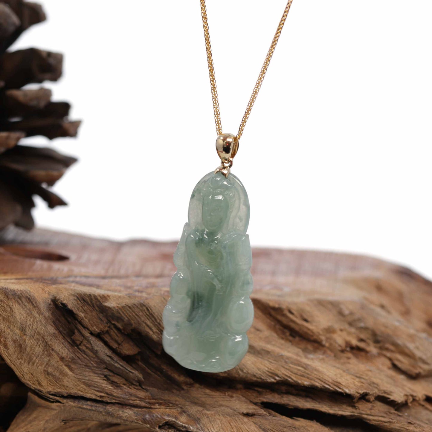 Load image into Gallery viewer, RealJade 14k White Gold &amp;quot;Goddess of Compassion&amp;quot; Genuine Ice Blue Green Burmese Jadeite Jade Guanyin Necklace With Good Luck Design
