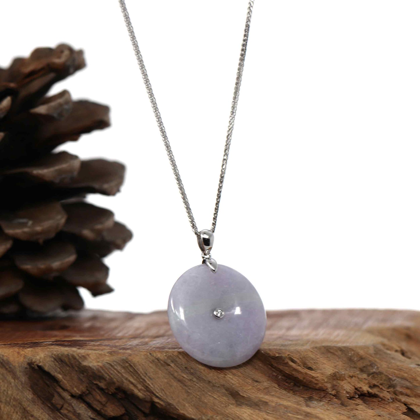 Load image into Gallery viewer, RealJade Co.¨ Gold Jadeite Jade Pendant Necklace &amp;quot;Good Luck Button&amp;quot; Lavender &amp;amp; Green Jadeite Jade Lucky KouKou Pendant With 14K White Gold Bail &amp;amp; Diamond In Center.
