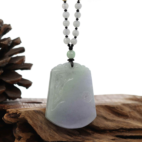 Load image into Gallery viewer, Genuine Lavender &amp;amp; Green Jadeite Jade &amp;quot;Good Luck &amp;amp; Safety&amp;quot; Pendant Necklace With Real Jadeite Bead Necklace
