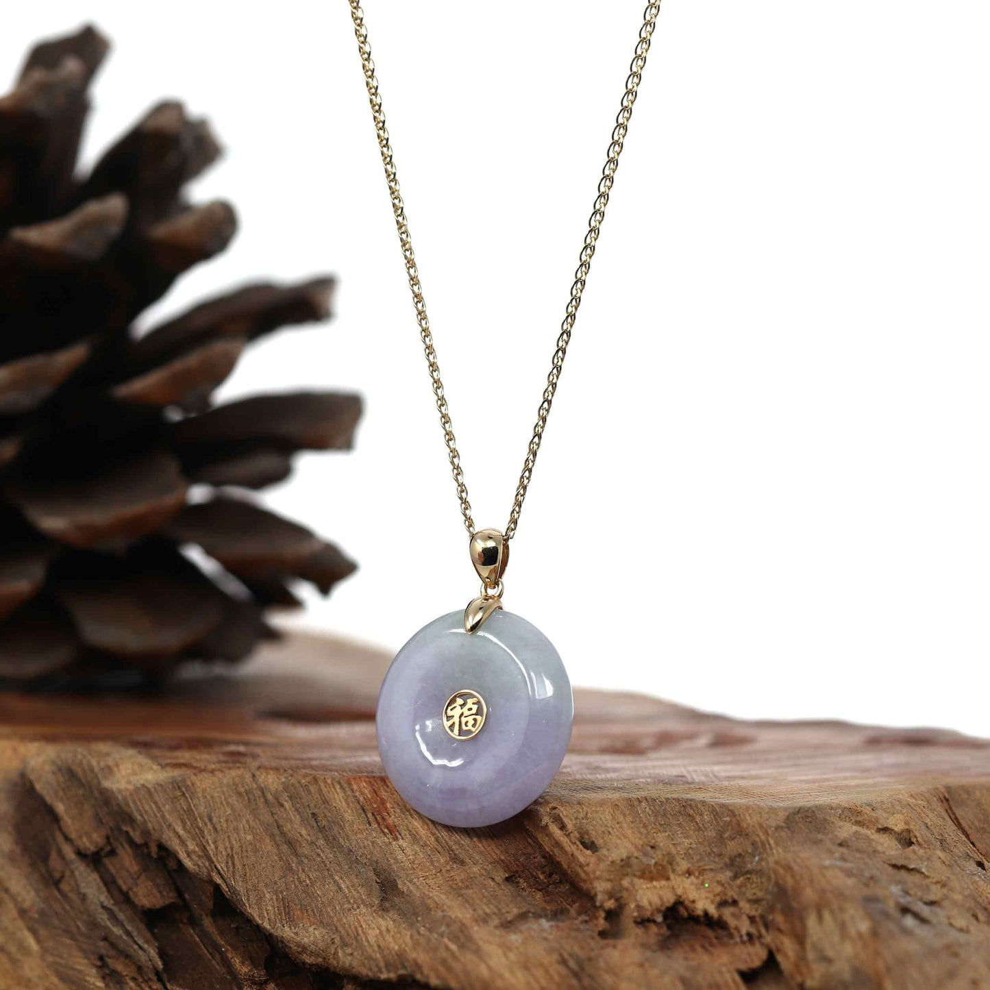 Load image into Gallery viewer, RealJade Co. Gold Jadeite Jade Pendant Necklace &amp;quot;Good Luck Button&amp;quot; Lavender &amp;amp; Green Jadeite Jade Lucky KouKou Pendant With 14K Yellow Gold Bail
