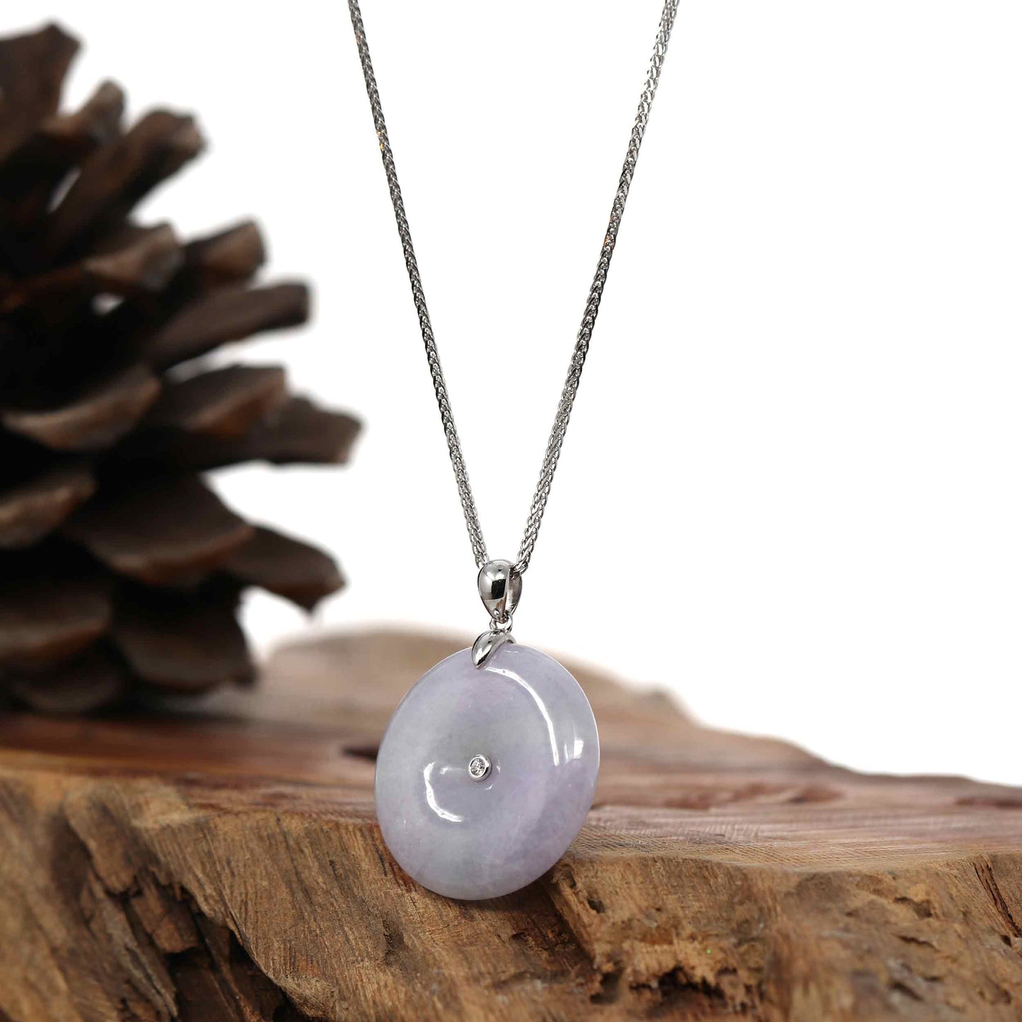 Load image into Gallery viewer, RealJade Co. Gold Jadeite Jade Pendant Necklace &amp;quot;Good Luck Button&amp;quot; Lavender &amp;amp; Green Jadeite Jade Lucky KouKou Pendant With 14K White Gold Bail &amp;amp; Diamond In Center.
